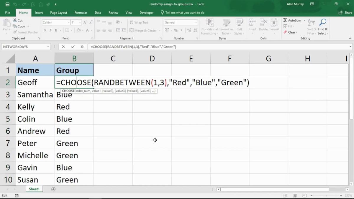 random assignment equal groups excel