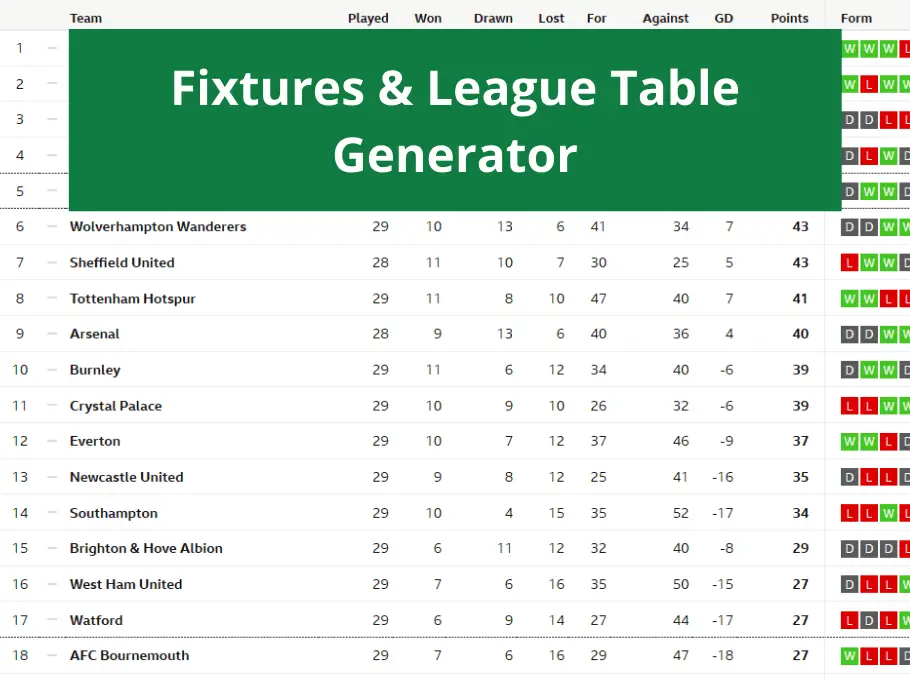 Excel Fixtures And League Table Generator