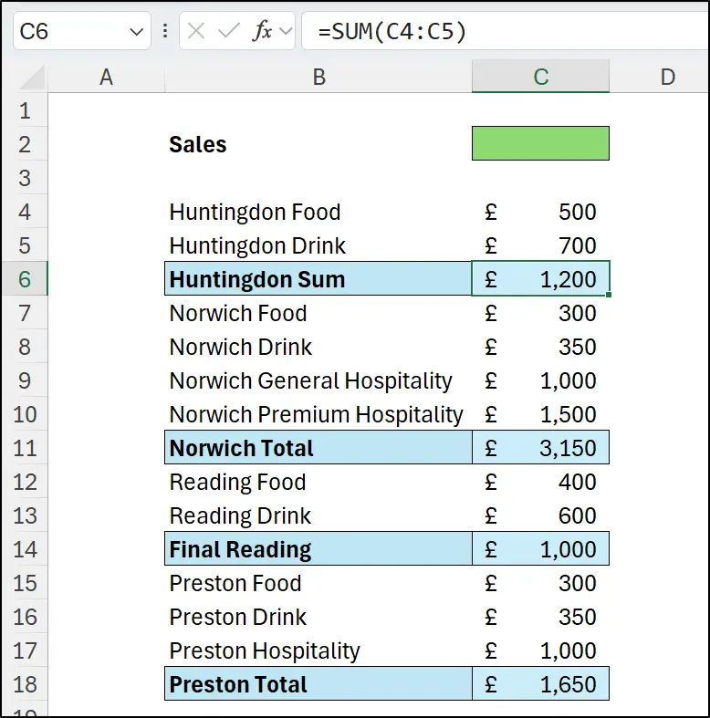 Sample data with formulas in irregular rows and labels