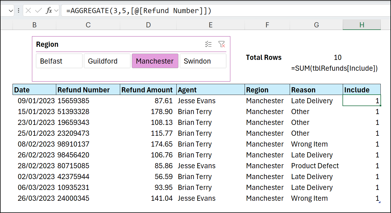 Excel AGGREGATE function identifying filtered rows