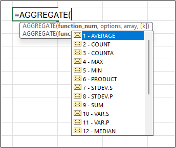 AGGREGATE in Excel has 19 different Excel functions