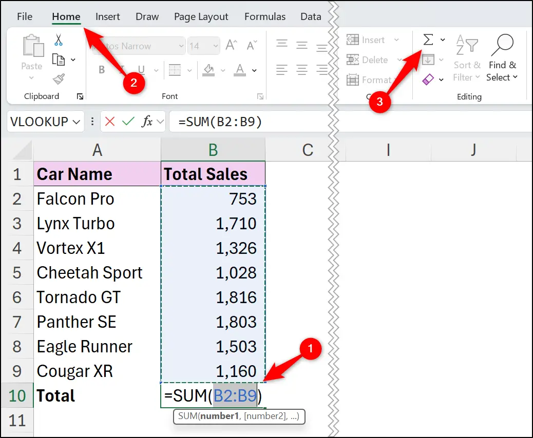 Using the SUM function in Excel