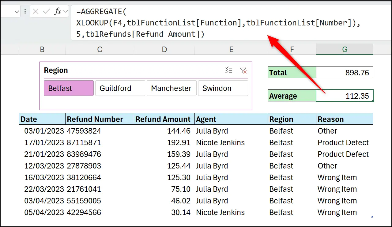 Excel formula using AGGREGATE and XLOOKUP functions