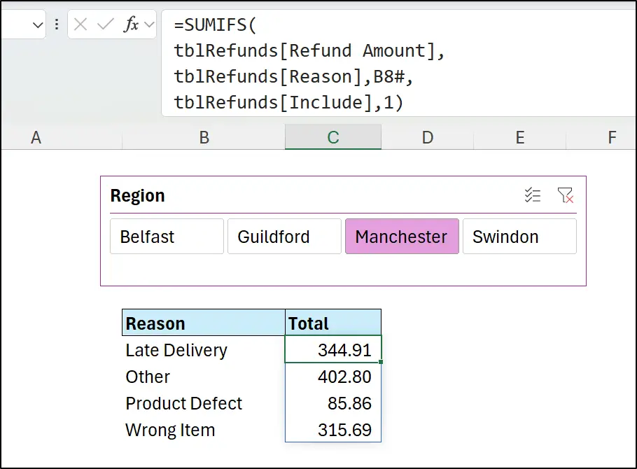 SUMIFS function used with a Slicer