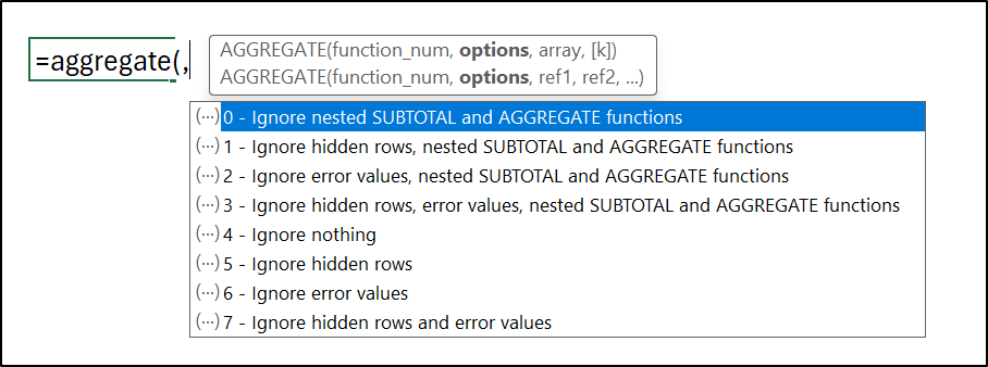 Options argument of the AGGREGATE function such as ignore hidden rows