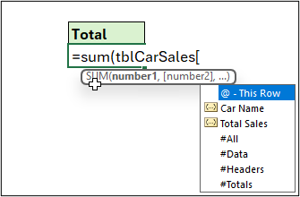 List of table elements when writing an Excel formula