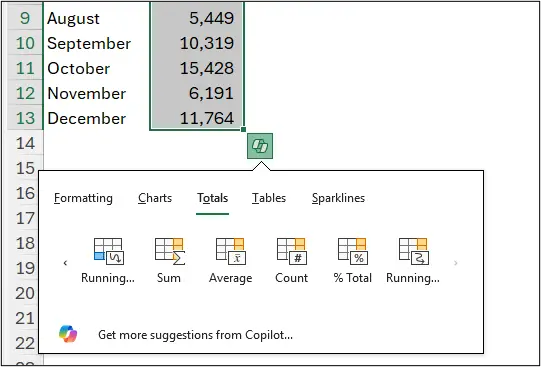 Create a running total with Quick Analysis Totals