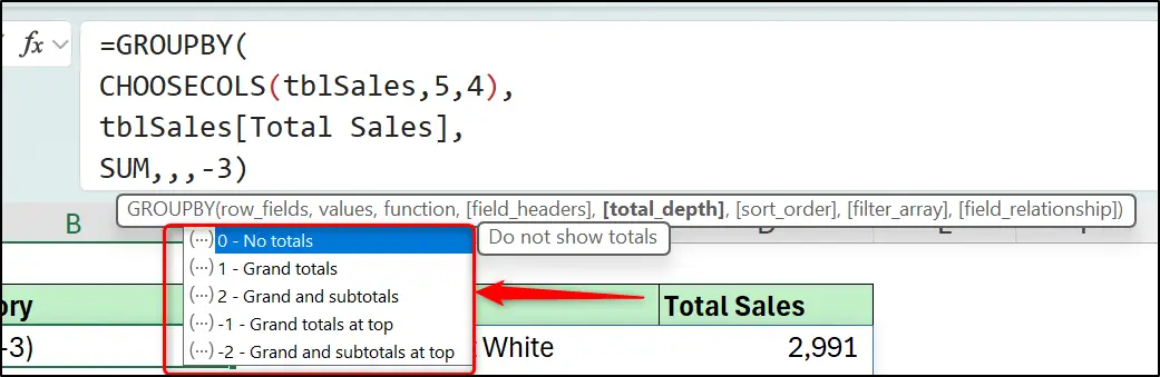 Total depth options of the GROUPBY function