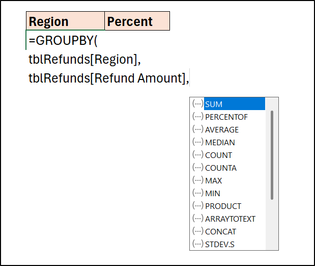 Calculating percentages with PERCENTOF in GROUPBY