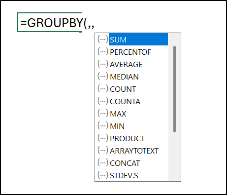 Lists of functions available with the GROUPBY function