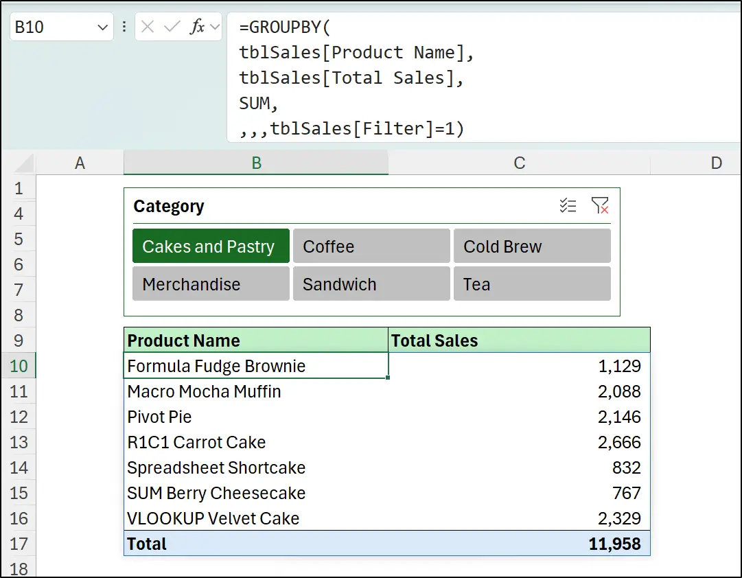 Using Slicers with the GROUPBY function